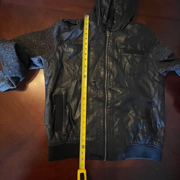 PD&C Mens Large Black Vegan Leather Jacket W/ Removable Hood & Knit Sleeves - Picture 16 of 16